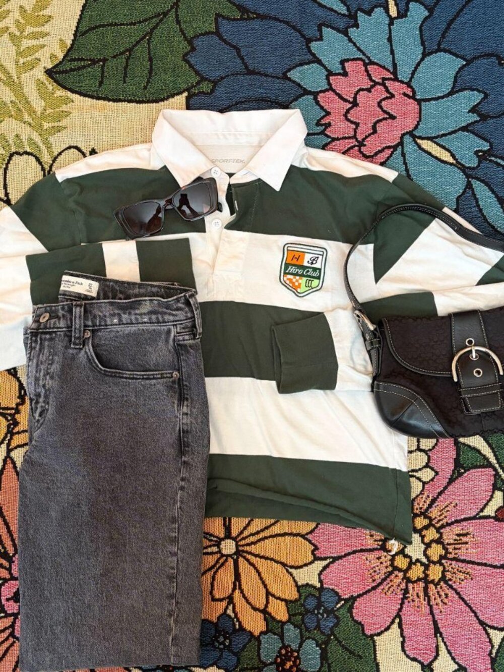 Sport-Tek Green Cream Striped Cropped Rugby Shirt S